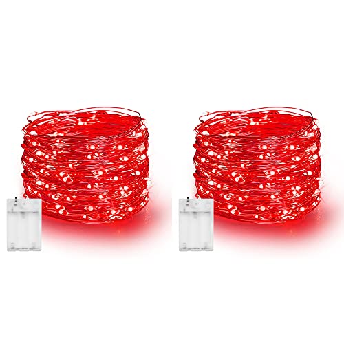 Dazzle Bright Fairy Lights Battery Operated, 2 Pack Total 40FT 120LED Silver Wire Waterproof Battery Operated String Lights, Christmas Decorations for Indoor Outdoor Bedroom Yard Decor, Red - color: Red