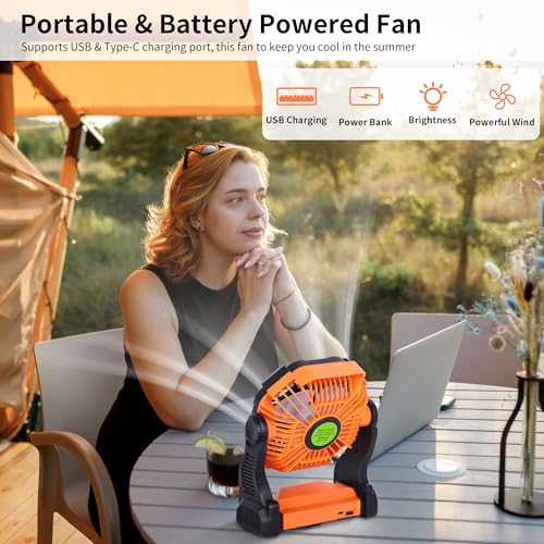 Portable Fan Rechargeable Battery Powered Fan,270°Pivot Cordless Battery Operated Camping Fans with LED Light & Hook,USB Personal Fans Outdoor Camping Essentials for Tent Beach Travel Reading - color: Orange