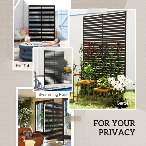 Outsunny Metal Outdoor Privacy Screen, 78" H x 48" W Decorative Privacy Fence Screen, Freestanding Outdoor Divider with Stand, Climbing Plant Trellis for Garden Walkway, Balcony, Patio, Striped Black - color: Black/Striped