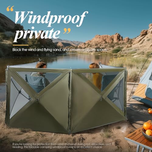 Nice C Camping Wind Sceen, 4 Panels Beach Garden Wind Blocker Breaker, 4 FT Privacy Fence Screen, Privacy Sunbathing, Clam Screen Porch, with Mesh Window, Poles, Ground Nails Included (Green)