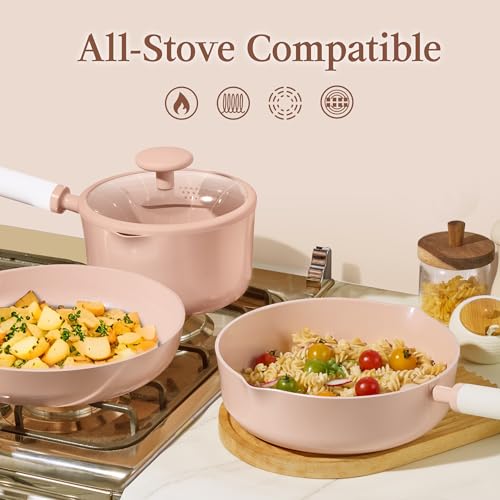 CAROTE Ceramic Cookware Set Nonstick, 9pcs Pots and Pans Set Non stick, Non-Toxic & PFAS-Free,Dishwasher, RV/Camping Cookware Set,Sauce Pan with Lid, Pink - color: Pink, size: Saucepan