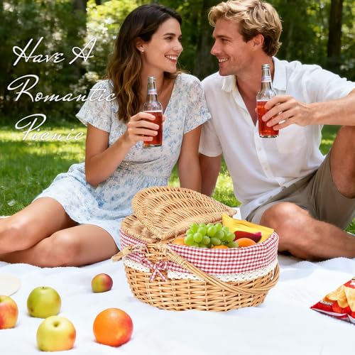 HappyPicnic Wicker Picnic Basket with Lid and Handle - Hand-Woven Basket with Removable Liner for Picnic, Camping, Easter, Halloween, Thanks Giving or Birthday (Red Check, Large) - color: Red Check, size: Large