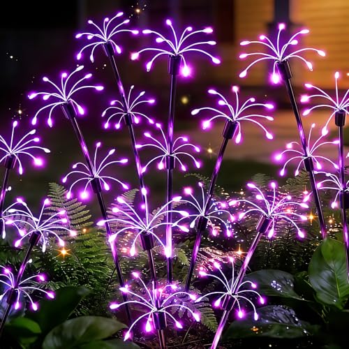 Solar Garden Lights Outdoor, 4 Pack 2-Layer Purple Solar Firework Lights, Waterproof Starburst Fairy Light Garden Decor for Yard Patio Pathway Lawn, Unique Gifts for Women Mom Grandma Mother's Day - color: Purple