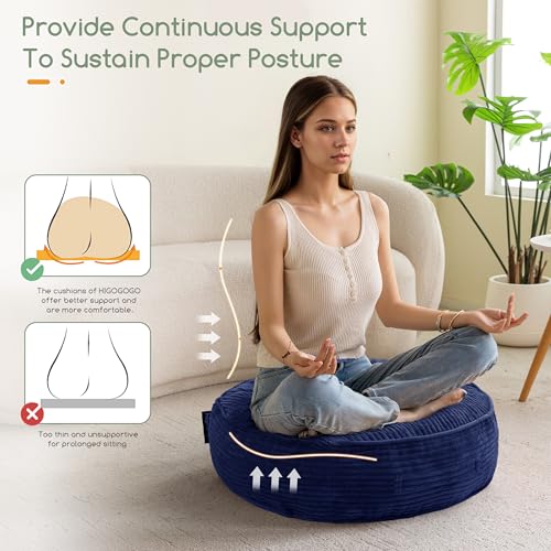 HIGOGOGO 6" Extra Thick Floor Pillow Cushion for Adults, Meditation Cushion Pillow, Large Round Floor Sitting, Tufted Corduroy Cover, for Tatami Living Room or Yoga, 22x22 Inch, 2Pack, Navy - color: Round Navy, size: 6" Thick(pack of 2)