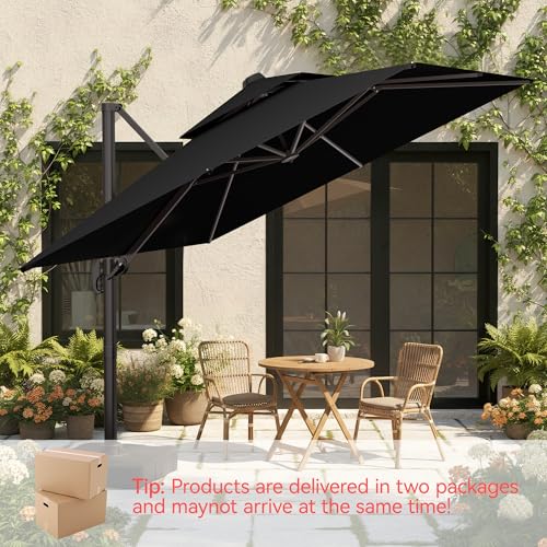 10x10 FT Patio Umbrella with Base, Large Cantilever Double Top Heavy Duty Offset Umbrellas with 360° Rotation, Outdoor shade for Garden Deck Pool, Black - color: Black, size: 10x10 FT with Base