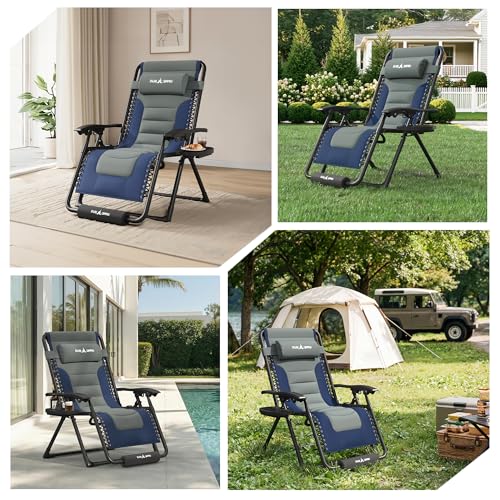 Amopatio Zero Gravity Reclining Patio Chair XL Foldable Lounge Chair with Removable Cup Holder/Headrest/Footrest 500LBS Capacity Portable for Outdoor Patio Pool Backyard,Blue-Gray - color: Blue-gray, style: 29in-1pc