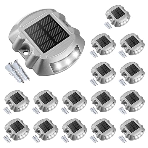 VOLISUN Solar Deck Lights Driveway Dock Lights, 16-Pack Led IP68 Waterproof Outdoor Warning Step Lights for Driveway Sidewalk Garden Pathway Yard(White, Auto On/Off - color: White, size: 16 Pack