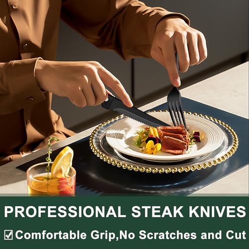 EWFEN 24-Piece Black Silverware Set with Steak Knives, Black Flatware Set for 4, Food-Grade Stainless Steel Tableware Cutlery Set, Mirror Finished Utensil Sets for Home Restaurant, Pearled Edge - style: Pearled Edge