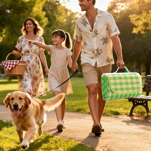 Large Picnic Blanket Beach Blanket 70'' x 70'', Outdoor Waterproof Sandproof Foldable Blanket, Camping Garden Grass Patio Lawn Park Hiking Travel Essential Accessories Green Gingham Mats