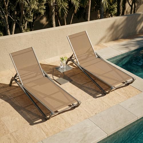 3-Piece Patio Chaise Lounge Set with Side Table, Set of 2 Adjustable Pool Chairs and Aluminum Bistro Table, All-Weather Outdoor Furniture for Pool Deck, Patio & Tanning, Beige - color: Beige, size: 3-Piece Set: 2 Chairs + 1 Table