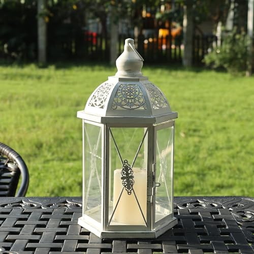 Lantern Decorative Indoor & Outdoor, 14.5'' Candle Lantern Farmhouse Home Decor, Hexagon Vintage Hanging Metal Candle Holder for Front Porch Shelf Patio Wedding Party, Christmas Decorations - color: White / 14.5''h