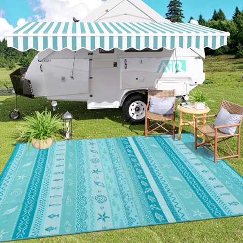 Lahome Outdoor Rug 8x10 Patio Waterproof, Reversible Outdoor Plastic Straw Rug for Camping, RV Patio Rugs Outside Large Carpet for Porch Deck Backyard Picnic(Blue/Multi,8'x 10') - color: Blue, size: 8'x10'