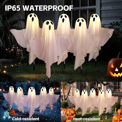 Halloween Decorations Solar Halloween Ghost Lights - Outdoor Ground Stake Spooky Decorations Ghosts for Yard Lawn Patio Porch Holiday Decor (Set of 5)
