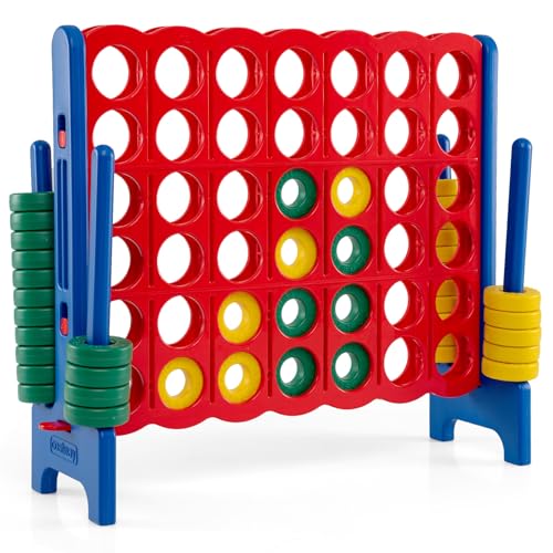 COSTWAY Giant 4-in-a-Row Game Set, Jumbo 4-to-Score for Kids and Adults with 42 Jumbo Rings & Quick-Release Slider, Indoor Outdoor Yard Party Game for Lawn, Holiday Party & Family (Red & Blue) - color: Red & Blue
