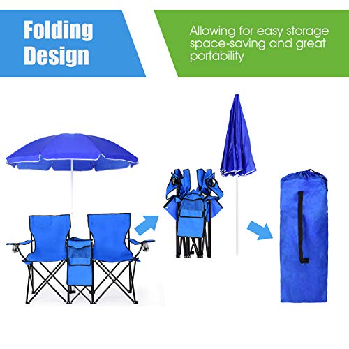 Goplus Double Camping Chair with Umbrella, Folding Loveseat Chairs w/Canopy Shade, Carrying Bag, Table, Cup Holder, Portable Beach Chairs Outdoor Picnic Patio (Blue) - color: Blue