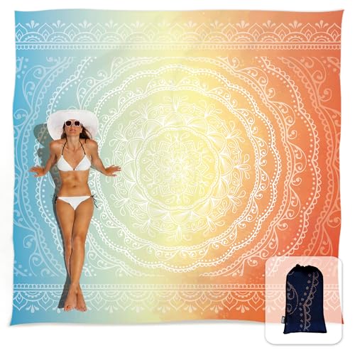 Sunlit Silky Soft Sand Proof Beach Blanket 106"x81" / 85"x72" Sand Proof Mat with Corner Pockets and Mesh Bag for Beach Party, Travel, Camping and Outdoor Music Festival, Mandala - color: Orange Blue, size: 120"x108"