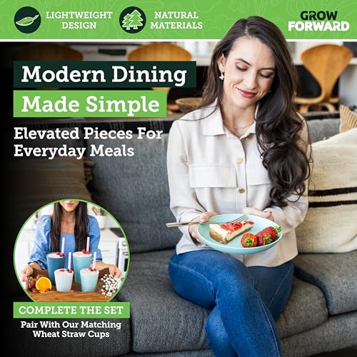 Grow Forward Premium Wheat Straw Plates - 8 Inch Reusable Hard Plastic Dinner Plates Set of 8 - Unbreakable Microwave Safe Plates for Dessert, Camping, RV, Outdoors, Patio, Kitchen Dishes - Seascape - color: Seascape, size: 8 inch