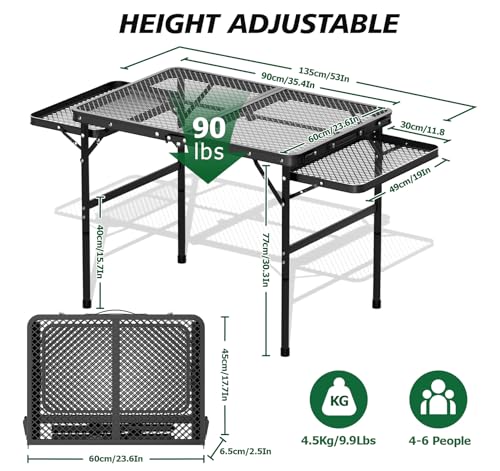 Folding Grill Table 30.3" Height Adjustable, Outdoor Camping Table with 2 Extra Desktops, 3x2 FT Portable Metal Grill Table for Outside for Picnic BBQ Camping Beach - style: 30.3"H Grill Table