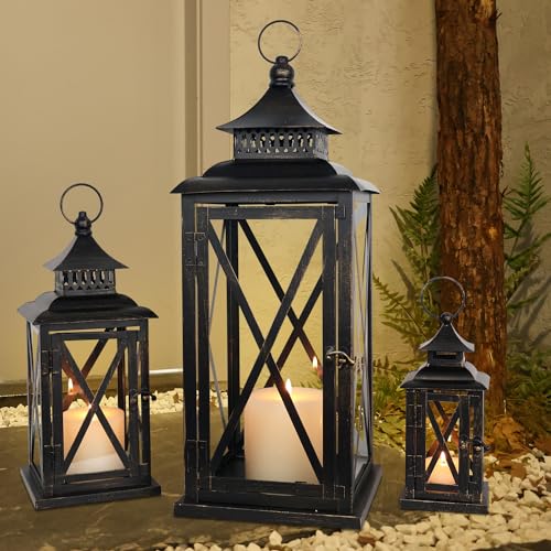 3PCS (20’’&13’’&9’’) Lanterns Decorative Indoor & Outdoor, Vintage Metal Frame Candle Holders for Front Porch, Patio, Pathway, Balcony, Garden, Yard Decor, Halloween Christmas Decorations - color: Black / 20’’&13’’&9’’ / 3 Pcs