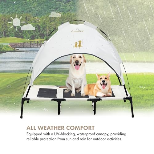 GrandTies Cooling Elevated Dog Bed with Canopy – XL Portable Pet Cot for Outdoor & Indoor Use – Waterproof Removable Shade, Breathable Mesh, Slip-Resistant Feet, Easy Assembly – Ivory White - color: Ivory White