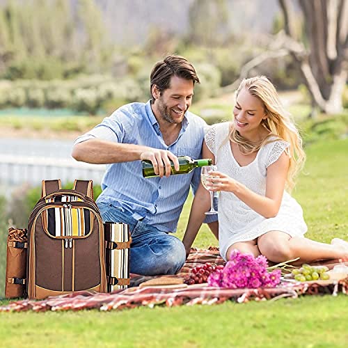 Hap Tim Picnic Backpack Bag for 4 Person with Cooler Compartment, Detachable Bottle/Wine Holder, Fleece Blanket, Plates and Cutlery Set Perfect for Outdoor, Sports, Hiking, Camping, BBQs(Coffee) - color: Coffee, size: 4 person