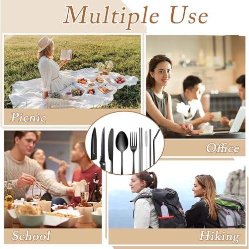 Portable Travel Utensils with Case, 10 PCS Travel Camping Cutlery Set, Reusable Utensils Set for Lunch Box for Office School Picnic - color: Black - 10 PCs