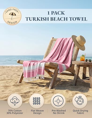 LANE LINEN Large Beach Towel, Turkish Towel, Lightweight Beach Towels for Adults, 39"x71" Oversized Pool Towels, Absorbent, Quick Dry, Durable Sand Proof Beach Towel, 39"x71" - Candy Pink - color: 05: Candy Pink, size: Pack of 1
