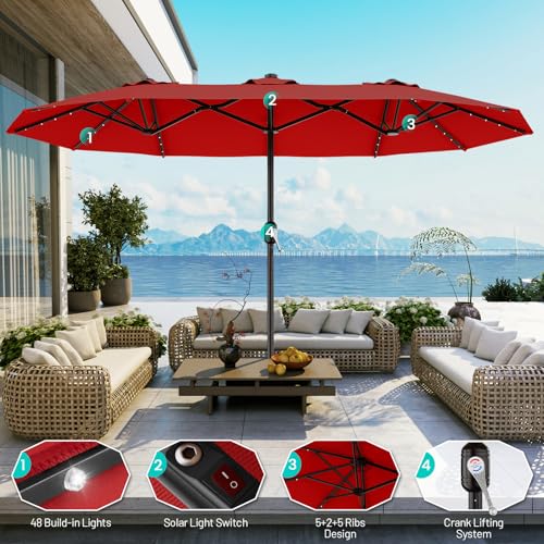 AreShark 15FT Patio Umbrella with Solar Lights, Double Sided Outdoor Table Umbrellas with Crank, Large Rectangular Market Umbrella for Porch, Lawn, Pool, Backyard, Red - color: Red, size: 9x15 Ft