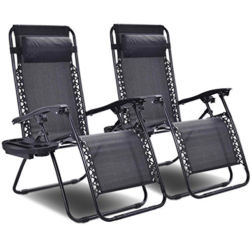 Giantex 2 PCS Zero Gravity Chair Patio Chaise Lounge Chairs Outdoor Yard Pool Recliner Folding Lounge Chair with Cup Holder (Black) - color: Black, size: 1 Count (Pack of 2)