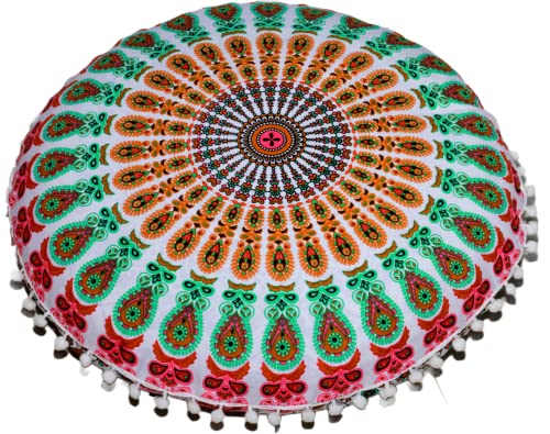 CRAFT KALA 22 Inch Meditation Floor Pillow Cover Round Pillow Seating Hippie Decorative Adults Bohemian Mandala Cushion Cover Outdoor Living Room Throw Ottoman Poufs Cover 22", Musturd Mirchi - color: Musturd Mirchi, size: 22"