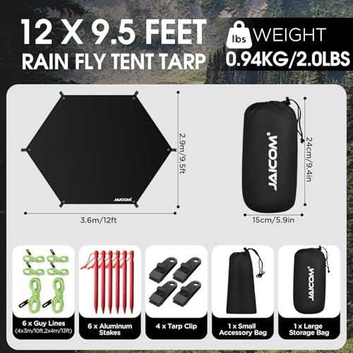 JAICOM Waterproof Hammock Rain Fly, Portable Camping Tarp - 12ft x 9.5ft Large Camp Tarp with Tent Stakes & Trap Clip & Guy Lines, Ultralight Shelter for Backpacking, Outdoor Shade - color: Black