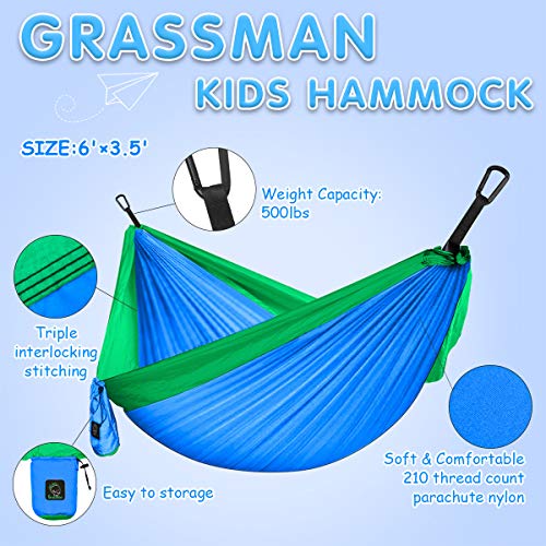 GRASSMAN Kids Hammock-Small Camping hammocks, Portable Camping Gear for Child Indoor/Outdoor use, with Tree Straps & Carabiners Blue & Green - color: Blue, size: one pack
