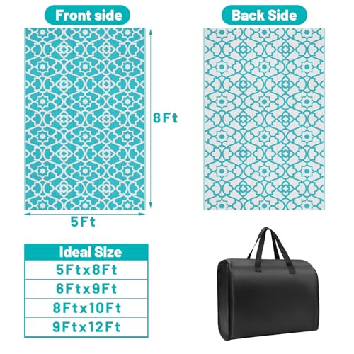 HEBE Outdoor Rug Waterproof 5x8, Plastic Straw Rug Camping Rug, Reversible Outdoor Patio Rugs RV Mat Clearance, Indoor Outside Floor Carpet for Porch,Deck,Camper,Balcony,Backyard - color: Teal, size: 5' x 8' (Rectangular)