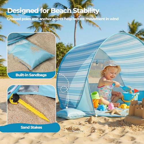 Pop Up Baby Beach Tent - Baby Tent for Toddler Beach Essentials with UPF 50+ UV Protection Canopy, Portable 41.4 x 35.5 x 31.5 in Sun Shade Summer Outdoor for Infants (Blue Stripes) - color: Blue Stripes