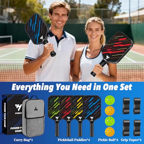 Pickleball Paddles Set of 4, Carbon Fiber Pickle Ball Paddle Set, Lightweight Indoor Outdoor Play Rackets Equipment 4 Pack with 4 Balls & Bag Family Beginner Christmas Men Women Kids Adult Gift