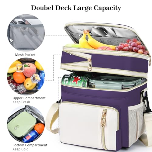 Lunch Box & Lunch Bag for Women, Large Insulated Adult Lunch Box Leakproof Lunchbox Cooler Bag for Work Picnic Beach,16L, Purple & White - color: Deep Purple