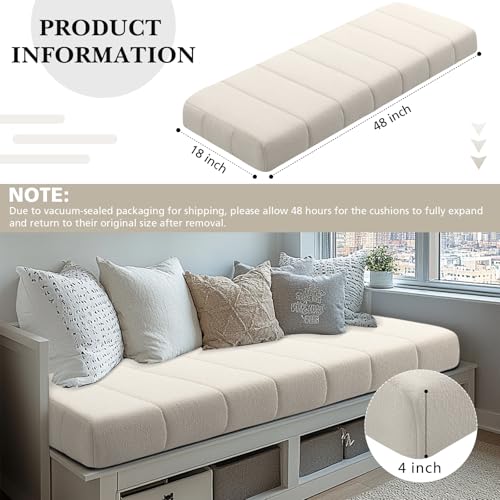 Wenqik Bench Cushion 48x18x4 Inch for Indoor Outdoor Furniture Tufted Thicken Bay Window Seat Cushion Non Slip Waterproof Dining Piano Bench Pad Pillow Anti Cat Scratch for Patio Porch Swing, Beige - color: Beige, size: 48x18x4 Inch