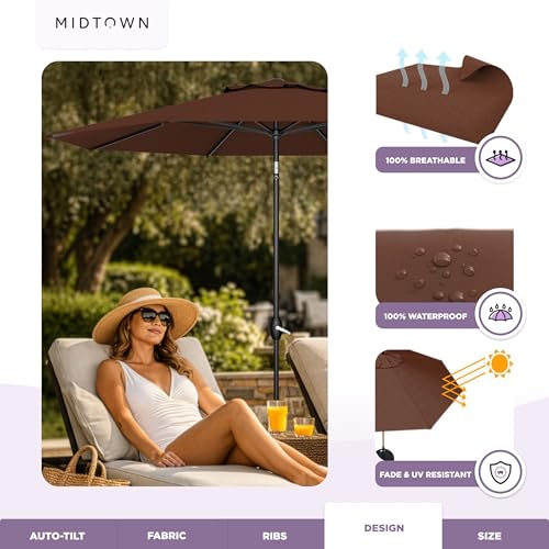 Midtown Umbrellas - The Lean 9 Ft Patio Umbrella with Fade-Resistant Sunbrella Fabric, Auto-Tilt Aluminum Frame and 8 Reinforced Ribs for Deck, Pool & Garden - Bay Brown Canopy, Black Pole - color: Sunbrella Bay Brown, size: 9 Feet