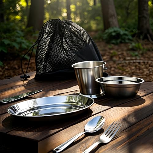 Scout Camping Mess Kits Stainless Steel Utensils Camping Dinnerware Kit Boy Scout Dishes Set Girl Scout Mess Kit with Mesh Bag Camping Cutlery Set Travel Trip School Camp Easy to Carry Clean