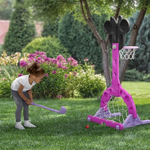 Delta Children Disney Minnie Mouse 4-in-1 Sports Center – Adjustable Easy Score Basketball Hoop, Soccer/Hockey Net and Golf Game, 4 Golf/Hockey Balls, Pink - color: Minnie Mouse