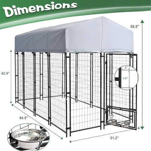 8x4x6 FT Outdoor Dog Kennels for Large Dogs, Heavy Duty Welded Wire Steel Outside Dog Kennel with Roof, Dog Pens with 2 Rotating Dog Bowls, Dog Playpen Fence with Secure Lock for Backyard