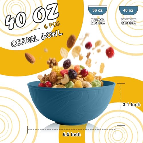 Unbreakable Large Cereal Bowls 40 OZ, Wheat Straw Bowls Set of 6, Alternative Plastic Bowls for Kitchen, Outdoors, Microwave & Dishwasher Safe Bowl Set for Salad, Cereal, Soup, Ramen, Multi - color: Multicolor, size: 40 Oz