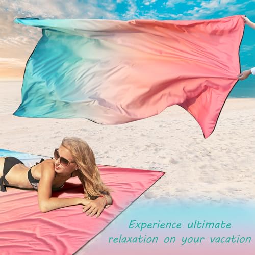 AISPARKY Beach Blanket Waterproof Sandproof Extra Large, Oversized Beach Mat, Quick Drying&Compact&Lightweight, Picnic Blankets Vacation Essentials for Outdoor Beach Camping (79" X 83" (4 Person)) - color: Gradient - Pink Green, size: 6'11" x 6'7"