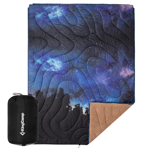 KingCamp Ultralight Camping Blanket, Packable Down Alternative Puffy Printed Wearable Blanket with Snap Buttons & Corner Loops Weatherproof Quilt for Outdoor Travel Stadium (79" x 57", Forest) - color: Sherpa-starrysky, size: 79" x 57"- Sherpa Fleece