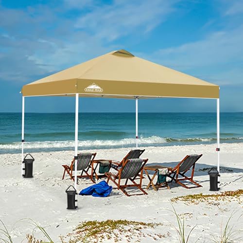 EAGLE PEAK Pop Up Canopy Tent with Wheeled Carry Bag, 8 Stakes, 4 Ropes, 4 Weight Bags, Easy Set Up Tent Canopy, 10x10 ft, 100sqft of Shade, Beige - color: Beige, size: 10x10