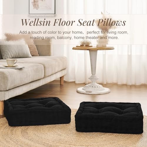 Wellsin Square Floor Pillows for Adults Kids - Meditation Floor Pillow Seating Cushion - Tufted Floor Cushion with Shredded Foam & Velvet Cover, 2 Pack, 20x20 Inch, Black - color: Black, size: 2 Pack (20"x20")