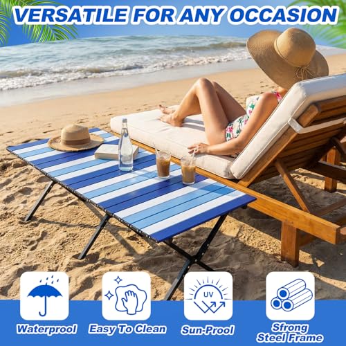 CroBlissful Beach Table Folding Camping Portable Table Striped White Aluminum Side with Carry Bag for Camping Picnics and Outdoor Activities (48x24x18 in,Navy Blue) - color: Navy Blue, size: 48x24x18 in