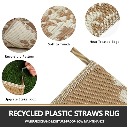 Capslpad 5x8 Outdoor Rug Waterproof Beige Boho Floral Patio Carpet Portable Plastic Straw Rug Foldable Outside Carpet with Carry Bag for RV Backyard Balcony Bench Picnic Porch - color: Light Beige, size: 5' x 8' (Rectangular)