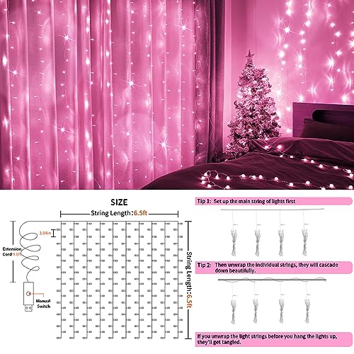 suddus Curtain Lights for Bedroom, 200 Led 6.5ft x 6.5ft Hanging String Lights Outdoor, Fairy Curtain Lights for Backdrop, Window, Wall, Wedding, Party, Garden, Porch, Birthday Decorations Pink - color: Pink, size: USB-200 LED