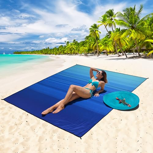 AISPARKY Pocket Beach Blanket Waterproof Sandproof Compact Picnic Mat with Sand Remover, Portable Outdoor Mat for Camping Hiking Travel Festival - color: Striped Blue Green Gradient, size: 79" X 83"